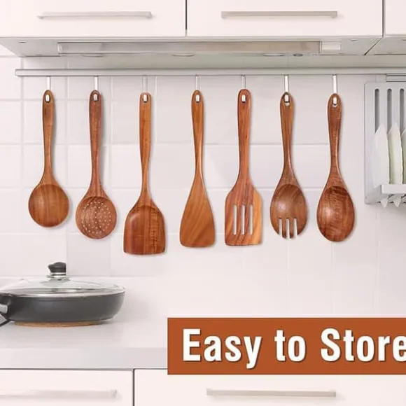 OBOSOE 9 delar köksredskapsset i teak - Träspatel, slev, gaffel m.m. med förvaringsburk & skedställ, för non-stick-pannor
