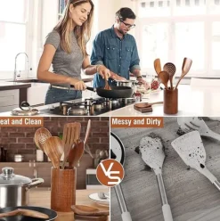 OBOSOE 9 delar köksredskapsset i teak - Träspatel, slev, gaffel m.m. med förvaringsburk & skedställ, för non-stick-pannor