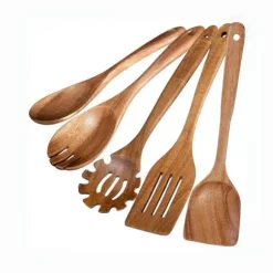 OBOSOE 5-delars Köksredskapsset i Akaciaträ – Träspatel, Gaffel, Slevar & Slev, Perfekt för Non-stick Köksredskap