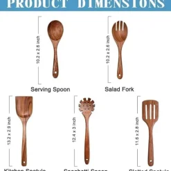OBOSOE 5-delars Köksredskapsset i Akaciaträ – Träspatel, Gaffel, Slevar & Slev, Perfekt för Non-stick Köksredskap