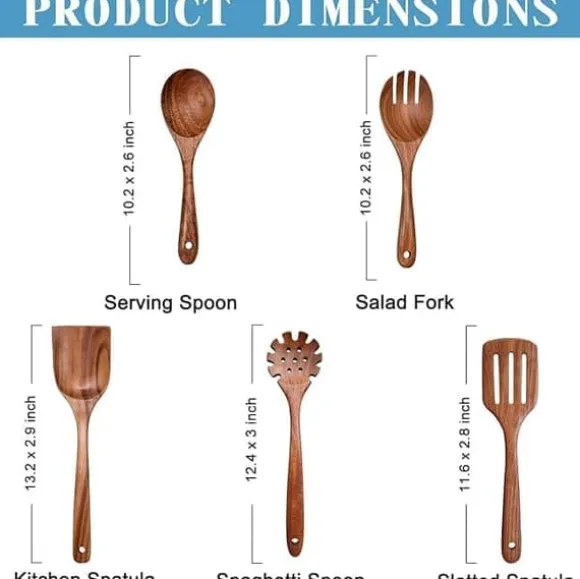 OBOSOE 5-delars Köksredskapsset i Akaciaträ – Träspatel, Gaffel, Slevar & Slev, Perfekt för Non-stick Köksredskap