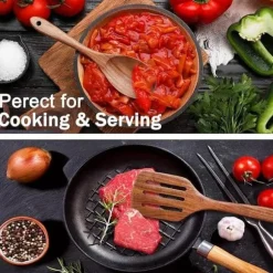 OBOSOE 5-delars Köksredskapsset i Akaciaträ – Träspatel, Gaffel, Slevar & Slev, Perfekt för Non-stick Köksredskap