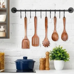 OBOSOE 5-delars Köksredskapsset i Akaciaträ – Träspatel, Gaffel, Slevar & Slev, Perfekt för Non-stick Köksredskap