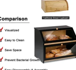 OBOSOE Dubbel Brödlåda i Trä för Köksbänk - Stor Tvånivå Brödförvaring med Rymlig Design