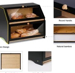 OBOSOE Dubbel Brödlåda i Trä för Köksbänk - Stor Tvånivå Brödförvaring med Rymlig Design