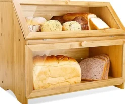OBOSOE Dubbel Brödlåda i Trä för Köksbänk - Stor Tvånivå Brödförvaring med Rymlig Design