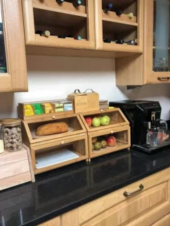 OBOSOE Dubbel Brödlåda i Trä för Köksbänk - Stor Tvånivå Brödförvaring med Rymlig Design