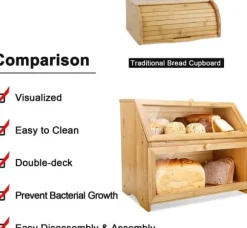 OBOSOE Dubbel Brödlåda i Trä för Köksbänk - Stor Tvånivå Brödförvaring med Rymlig Design