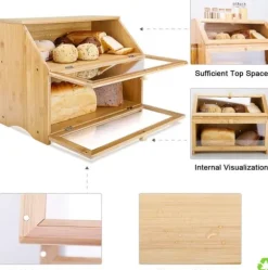 OBOSOE Dubbel Brödlåda i Trä för Köksbänk - Stor Tvånivå Brödförvaring med Rymlig Design