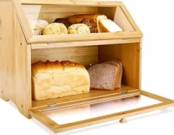 OBOSOE Dubbel Brödlåda i Trä för Köksbänk - Stor Tvånivå Brödförvaring med Rymlig Design
