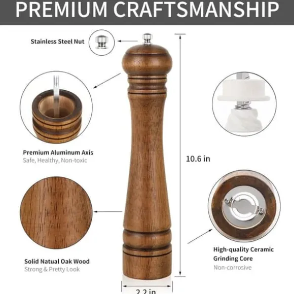OBOSOE Handgjord 10 tums pepparkvarn i ekträ – Manuell kryddkvarn för peppar, salt och örter