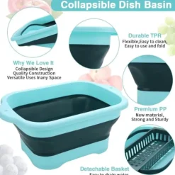 OBOSOE Hopfällbar Diskbalja med Avloppsplugg – Bärbar Tvättbalja / Hink 11L för Grönsaker, Camping, Husbil och Kök