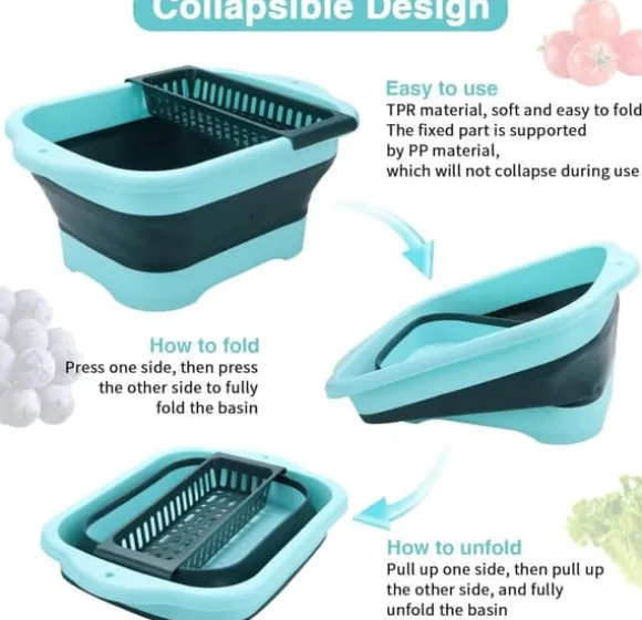 OBOSOE Hopfällbar Diskbalja med Avloppsplugg – Bärbar Tvättbalja / Hink 11L för Grönsaker, Camping, Husbil och Kök