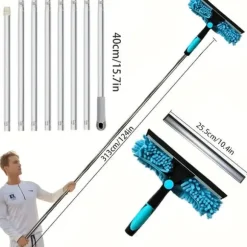 OBOSOE 2-i-1 Fönsterskrapa med Teleskopskaft 313cm – Fönstertvätt och Skrapa för Höga Fönster, Bilar, Dusch, Inomhus & Utomhus
