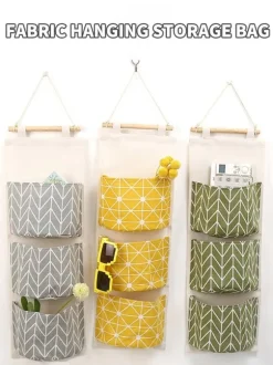 OBOSOE 3-Pack Hängande Förvaringspåse med 3 Fack - Bomull/Linne Väggförvaring för Sovrum, Vardagsrum och Kök