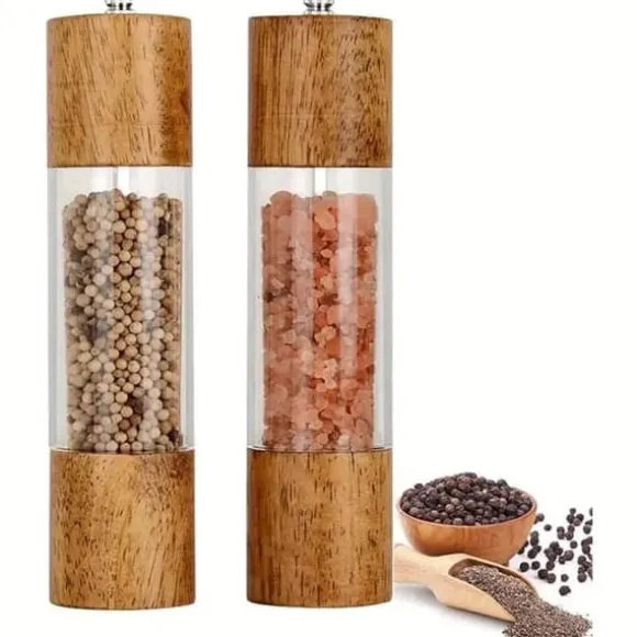 OBOSOE 2-Pack Salt- & Pepparkvarn – Manuell Kryddkvarn i Akryl & Trä, Justerbar Grov/Fint för Kök