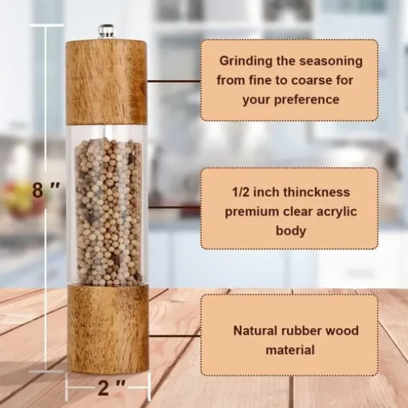 OBOSOE 2-Pack Salt- & Pepparkvarn – Manuell Kryddkvarn i Akryl & Trä, Justerbar Grov/Fint för Kök