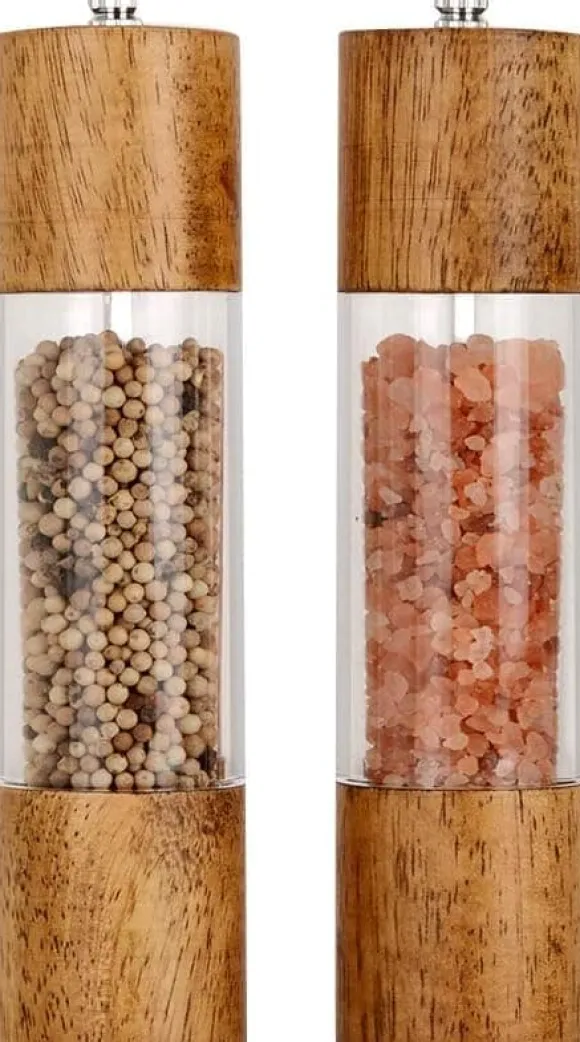 OBOSOE 2-Pack Salt- & Pepparkvarn – Manuell Kryddkvarn i Akryl & Trä, Justerbar Grov/Fint för Kök