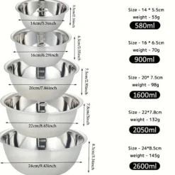 OBOSOE 5-packs ROSTFRISTAHLSSkålar - Beredningsskålar med Måttskala, för Bakning, Matlagning, Sallad, Frukt, Äggvispning, Mixning, Köksaccessoarer