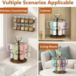 OBOSOE Roterbart gjutjärnsglasställ med handtag - Slipfast träbas, 360° rotation, kolfatställning, praktiskt för kök & vardagsrum