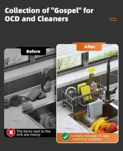 OBOSOE Självtränande tvål svamp hållare, rostfritt stål handfat hylla, kök handfat avloppshylla med delare, kök bänkskiva arrangöre