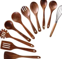 OBOSOE Trä Kökstillbehör Set, 10-delars Matlagningsredskap Set i Teakträ, Non-stick & Ergonomisk Design