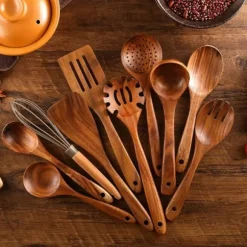OBOSOE Trä Kökstillbehör Set, 10-delars Matlagningsredskap Set i Teakträ, Non-stick & Ergonomisk Design