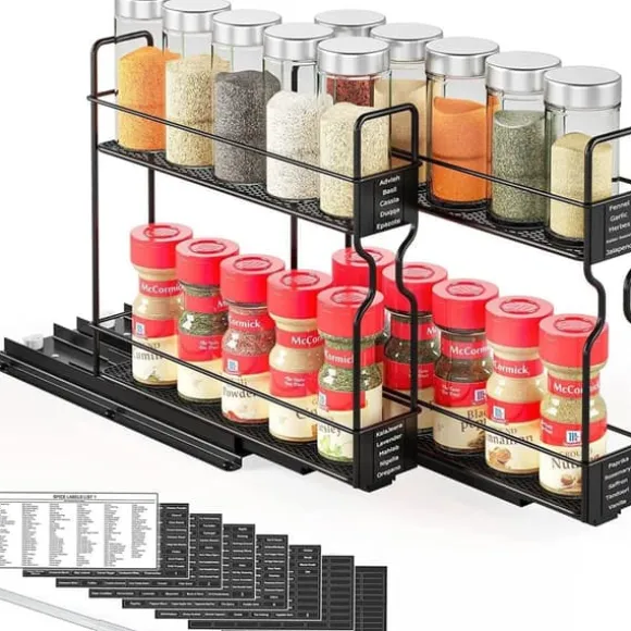 OBOSOE 2-vånings Kryddhylla för Skåp – Tung Duty Utdraggbar Design med Märklappar, 13 cm bred x 27 cm djup x 25 cm hög (Utan Burkar)