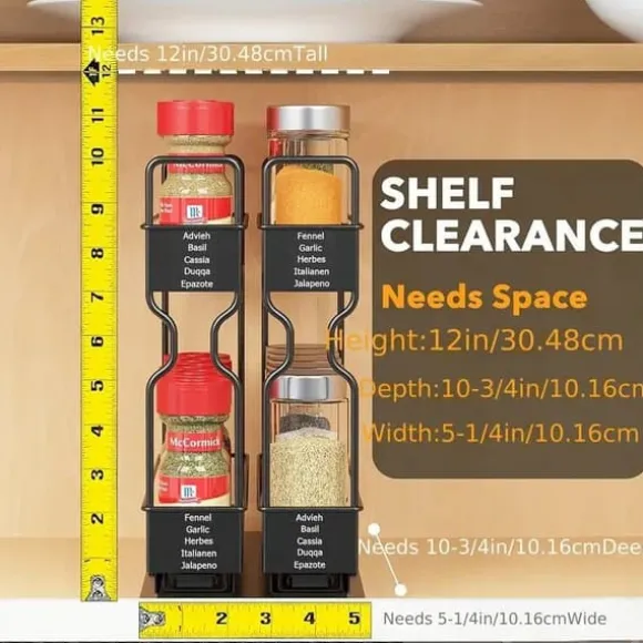 OBOSOE 2-vånings Kryddhylla för Skåp – Tung Duty Utdraggbar Design med Märklappar, 13 cm bred x 27 cm djup x 25 cm hög (Utan Burkar)