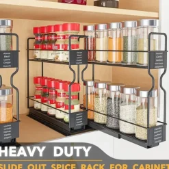 OBOSOE 2-vånings Kryddhylla för Skåp – Tung Duty Utdraggbar Design med Märklappar, 13 cm bred x 27 cm djup x 25 cm hög (Utan Burkar)