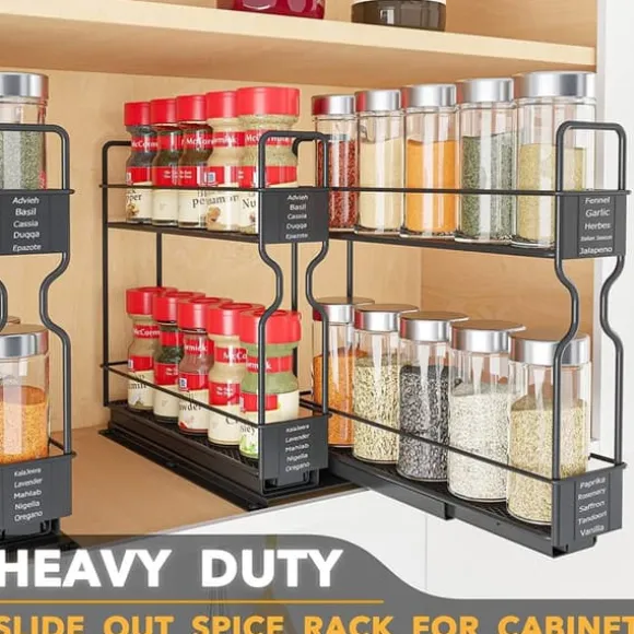 OBOSOE 2-vånings Kryddhylla för Skåp – Tung Duty Utdraggbar Design med Märklappar, 13 cm bred x 27 cm djup x 25 cm hög (Utan Burkar)