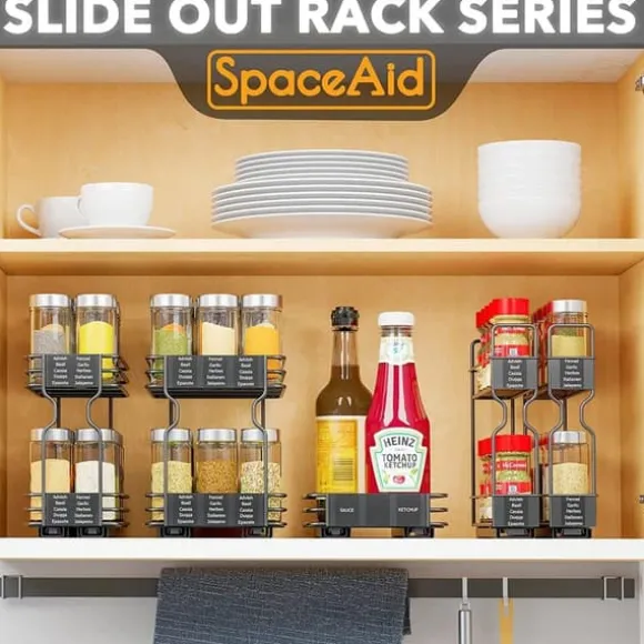 OBOSOE 2-vånings Kryddhylla för Skåp – Tung Duty Utdraggbar Design med Märklappar, 13 cm bred x 27 cm djup x 25 cm hög (Utan Burkar)