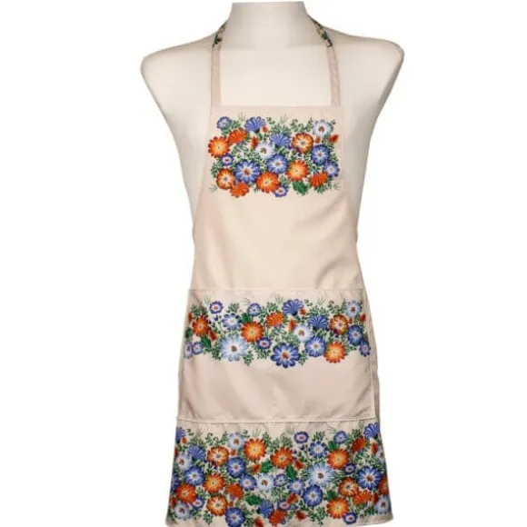 Opole folkköksförkläde med blommor och äng, beige
