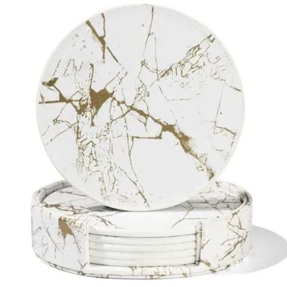 6-Pack Glasunderlägg PU-Läder Guld Marmor Vit