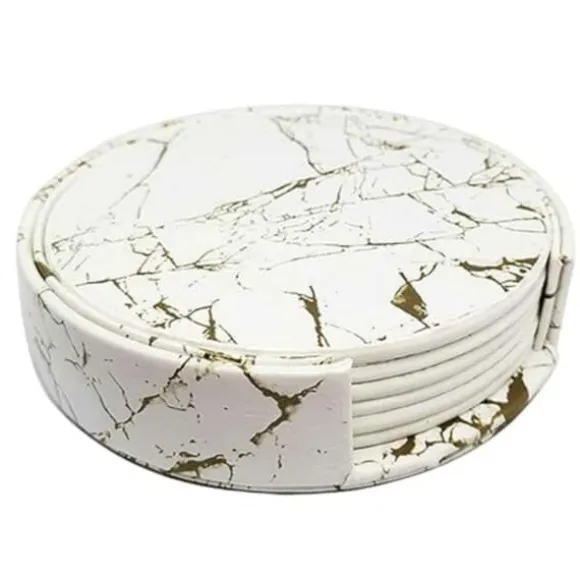 6-Pack Glasunderlägg PU-Läder Guld Marmor Vit