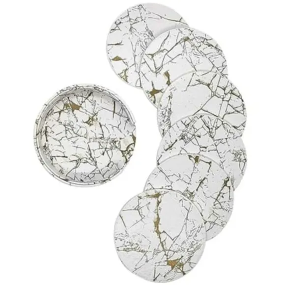 6-Pack Glasunderlägg PU-Läder Guld Marmor Vit