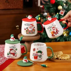 1-pack utsökt 3D-kaffekopp i keramik med lock, julmugg, med ett sött trädmönster på handtaget