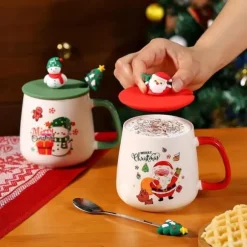 1-pack utsökt 3D-kaffekopp i keramik med lock, julmugg, med ett sött trädmönster på handtaget