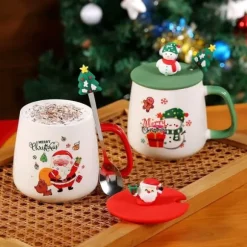 1-pack utsökt 3D-kaffekopp i keramik med lock, julmugg, med ett sött trädmönster på handtaget