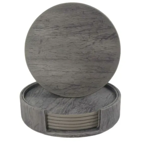 6-Pack Vändbara Glasunderlägg PU med Hållare Grå Trä