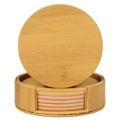 6-Pack Vändbara Glasunderlägg PU med Hållare Trä Ek Brun