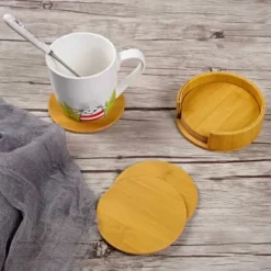 6-Pack Vändbara Glasunderlägg PU med Hållare Trä Ek Brun