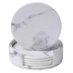 6-Pack Vändbara Glasunderlägg Vit Marmor PU med Hållare
