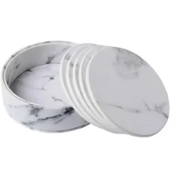 6-Pack Vändbara Glasunderlägg Vit Marmor PU med Hållare