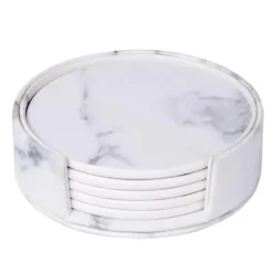 6-Pack Vändbara Glasunderlägg Vit Marmor PU med Hållare