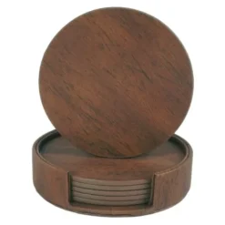 6-Pack Vändbara Glasunderlägg Valnöt PU med Hållare Brun