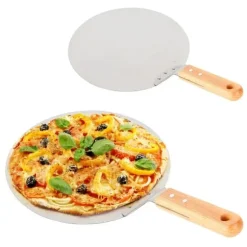 Pizzaspade för pizzaugn - Pizza peel - Rostfritt stål - Trähandtag - Yta 25,5 x 30 cm - Längd 43,5 cm - Silver