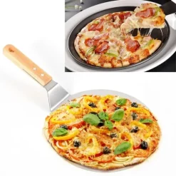 Pizzaspade för pizzaugn - Pizza peel - Rostfritt stål - Trähandtag - Yta 25,5 x 30 cm - Längd 43,5 cm - Silver