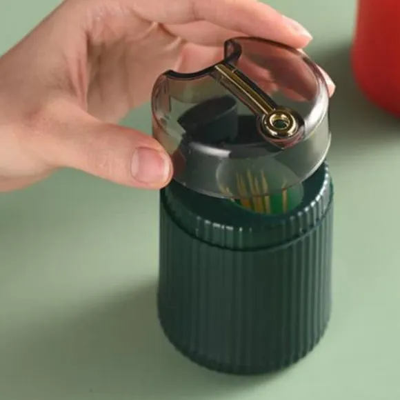 Pop Up Automatisk Tandpetare Dispenser Hållare Kompakt Stor Kapacitet Klar Fönster Tandpetare Behållare för kök Mörkgrön