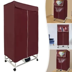 Portabel klädtork - PTC torkskåp - Pekskärm - Effekt 1200–1500 W - IPX1 - Timer 0–240 min & 3 lägen - Fyra hjul - Med överdrag - Vinröd